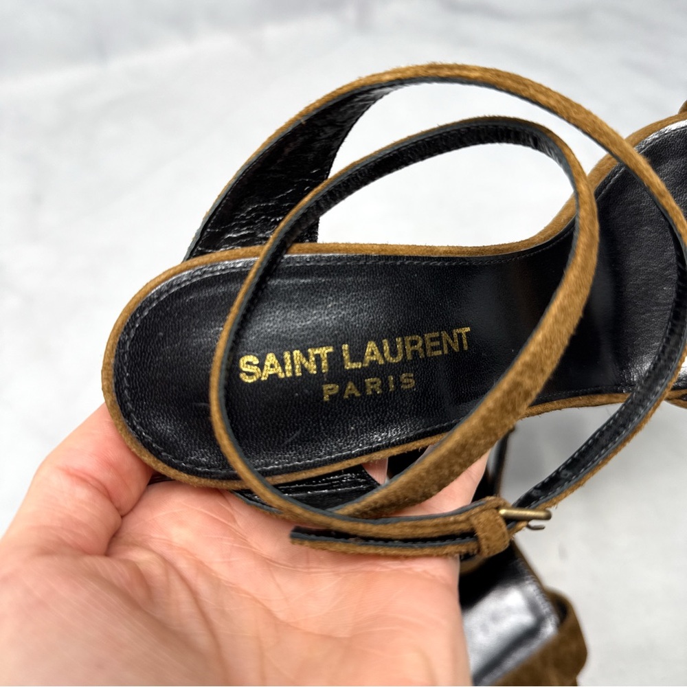 Saint Laurent Bea Bow Suede Square Toe Ankle Wrap Strap Sandal Heels Brown 37 - Picture 9 of 14
